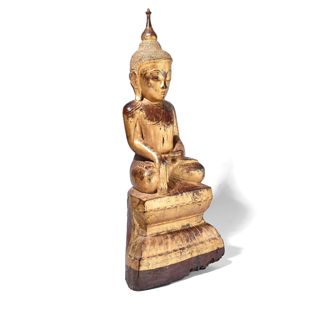 Angled View Of Antique Gilt Wood Burmese Shan Buddha Statue | Indigo Antiques