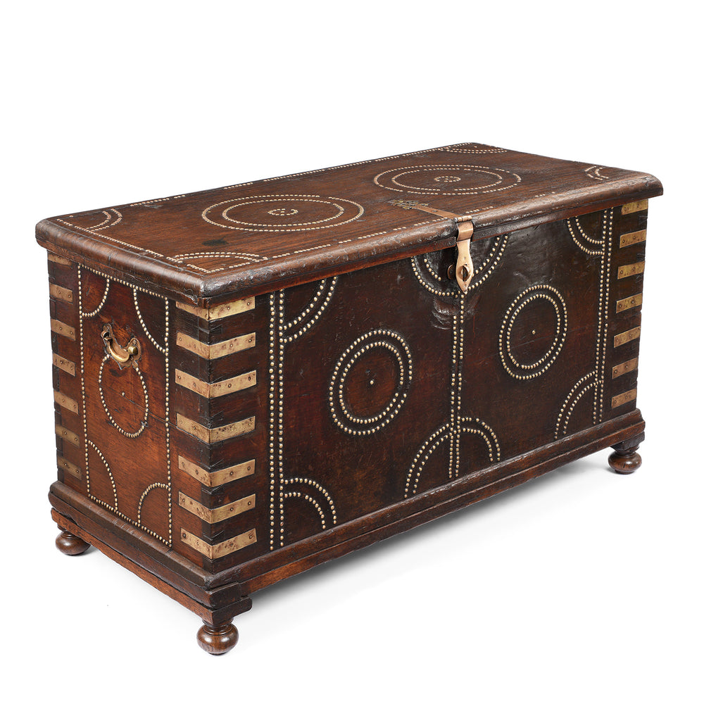 Angled VIew Of Antique Brass Studded Rosewood Chest From Kutch | Indigo Antiques