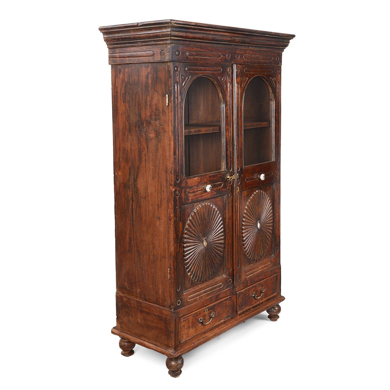 Angled VIew Of Antique Teak Almirah Cabinet With Sunburst Panels | Indigo Antiques