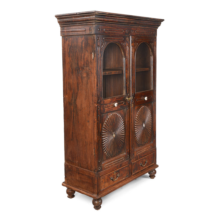 Angled VIew Of Antique Teak Almirah Cabinet With Sunburst Panels | Indigo Antiques