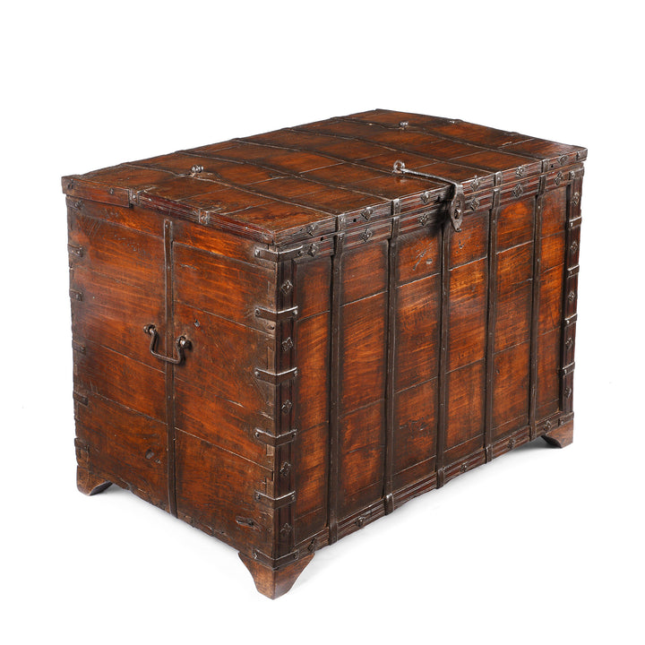 Angled View Of Iron Bound Teak Chest From Gujarat | Indigo Antiques