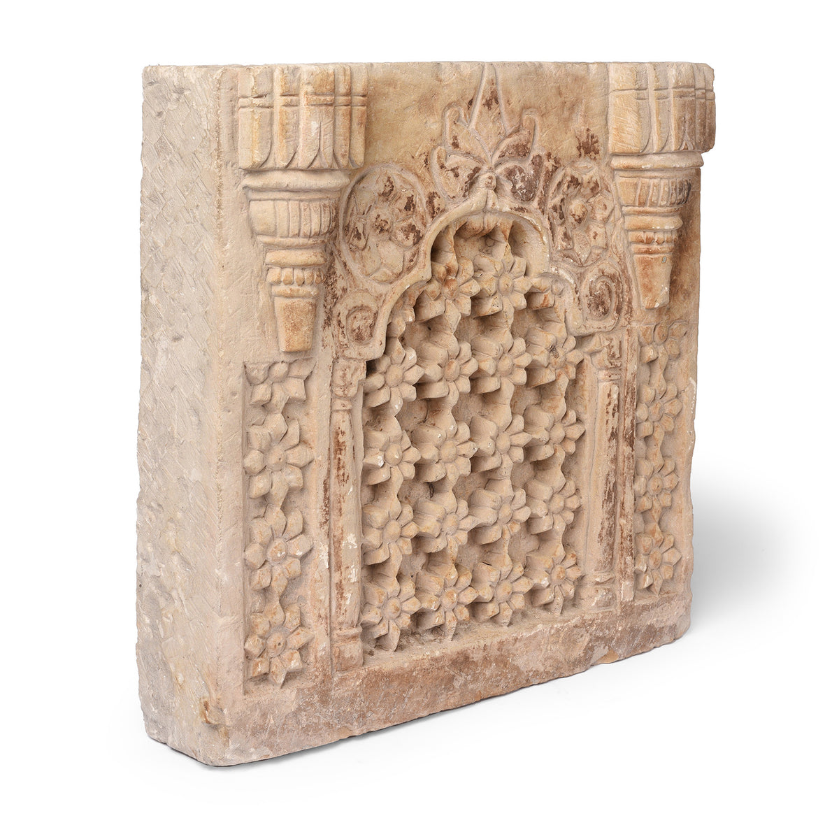 Angled View Of Old Carved Stone Jali Panel From Rajasthan | Indigo Antiques