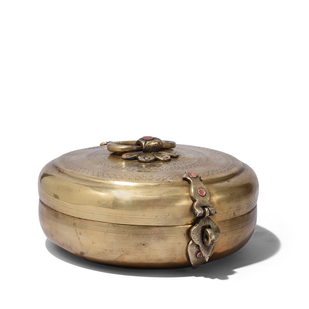Brass Indian Chapati Box With Hand Engraved Lid And Floral Clasp Rajasthan Circa 1900