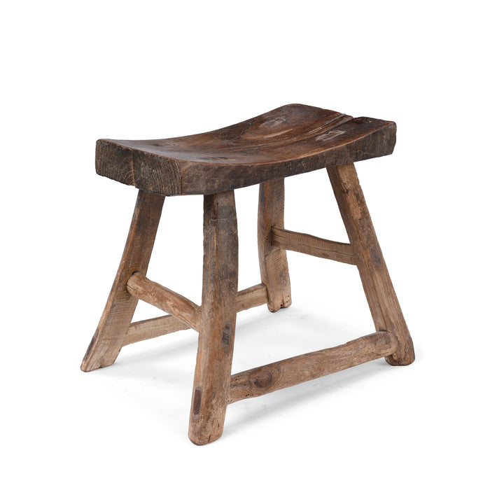 Rustic 19th Century Elm Saddle Stool With Hand Shaped Seat And Stretcher Supports Showing Natural Patina And Age Wear