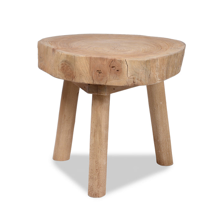 Rustic Indian Solid Wood Chopping Block Style Three Legged Side Table With Natural Grain