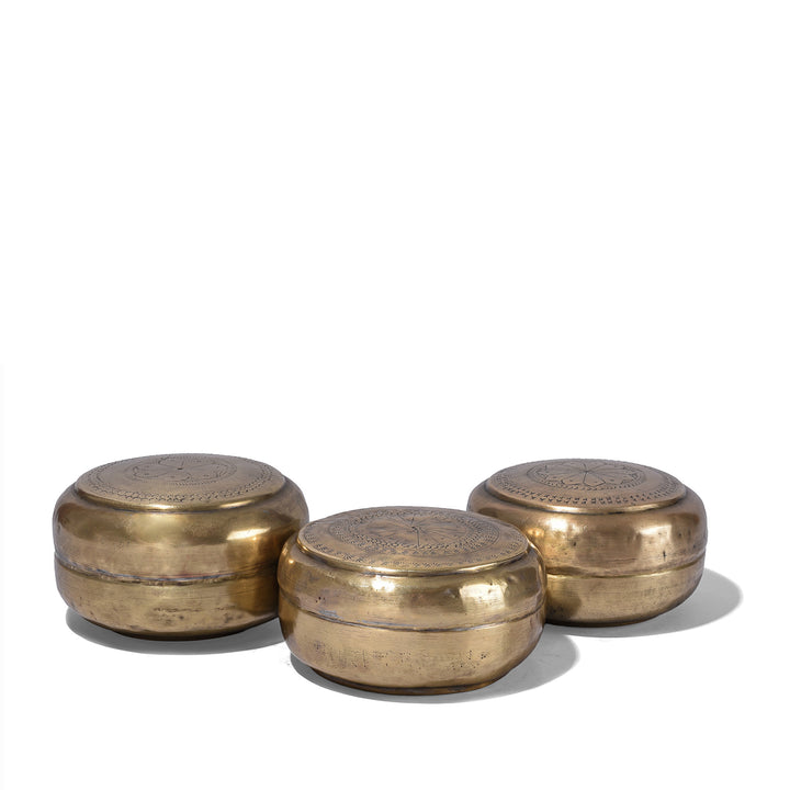 Set Of Antique Brass Paan Boxes From India With Engraved Lids Circa 1920