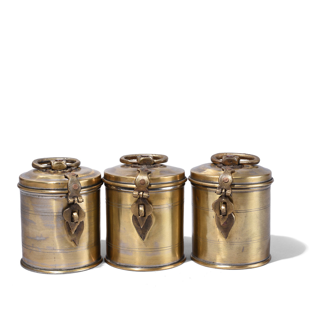 Set Of Three Antique Brass Indian Food Caddies With Loop Handles Circa 1920