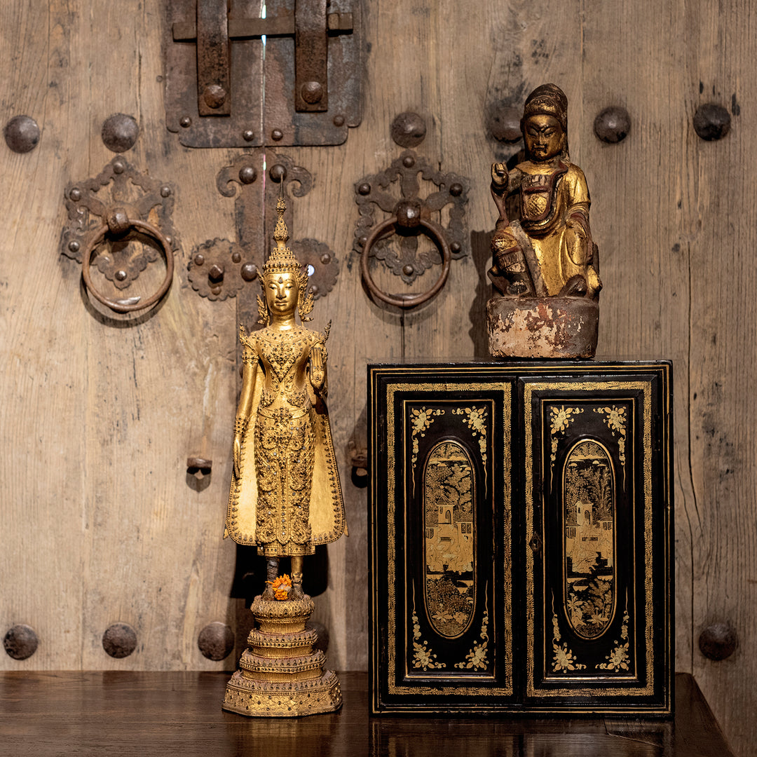 Gilt Black Lacquer Canton Export Jewellery Cabinet - 19th Century