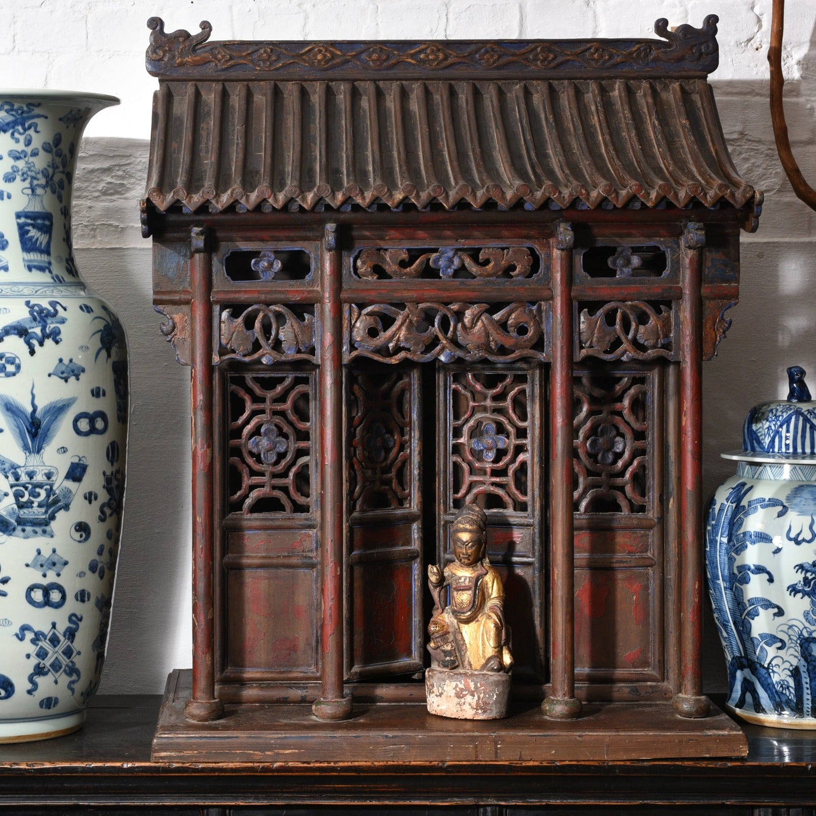 Vintage Chinese Daoist Ancestor House Shrine From Shanxi With an Ancestor Figure & Blue & White Reproduction Porcelain Jars - Ca 1950