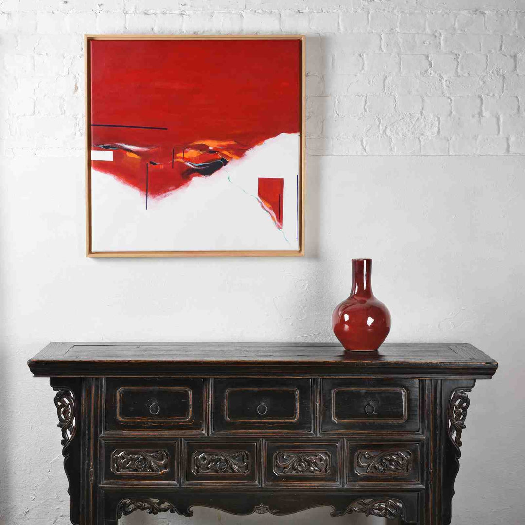 Red & Black Chinese Interior With an antique Shanxi black lacquer sideboard, Sang De Boeuf Vase & Art by Gill Marriner Edwards | Indigo Antiques