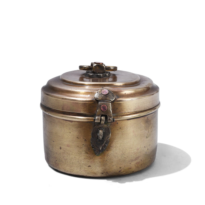 Small Indian Brass Chapati Box With Ring Handle And Decorative Clasp Circa 1930s Vintage Kitchen Storage Container