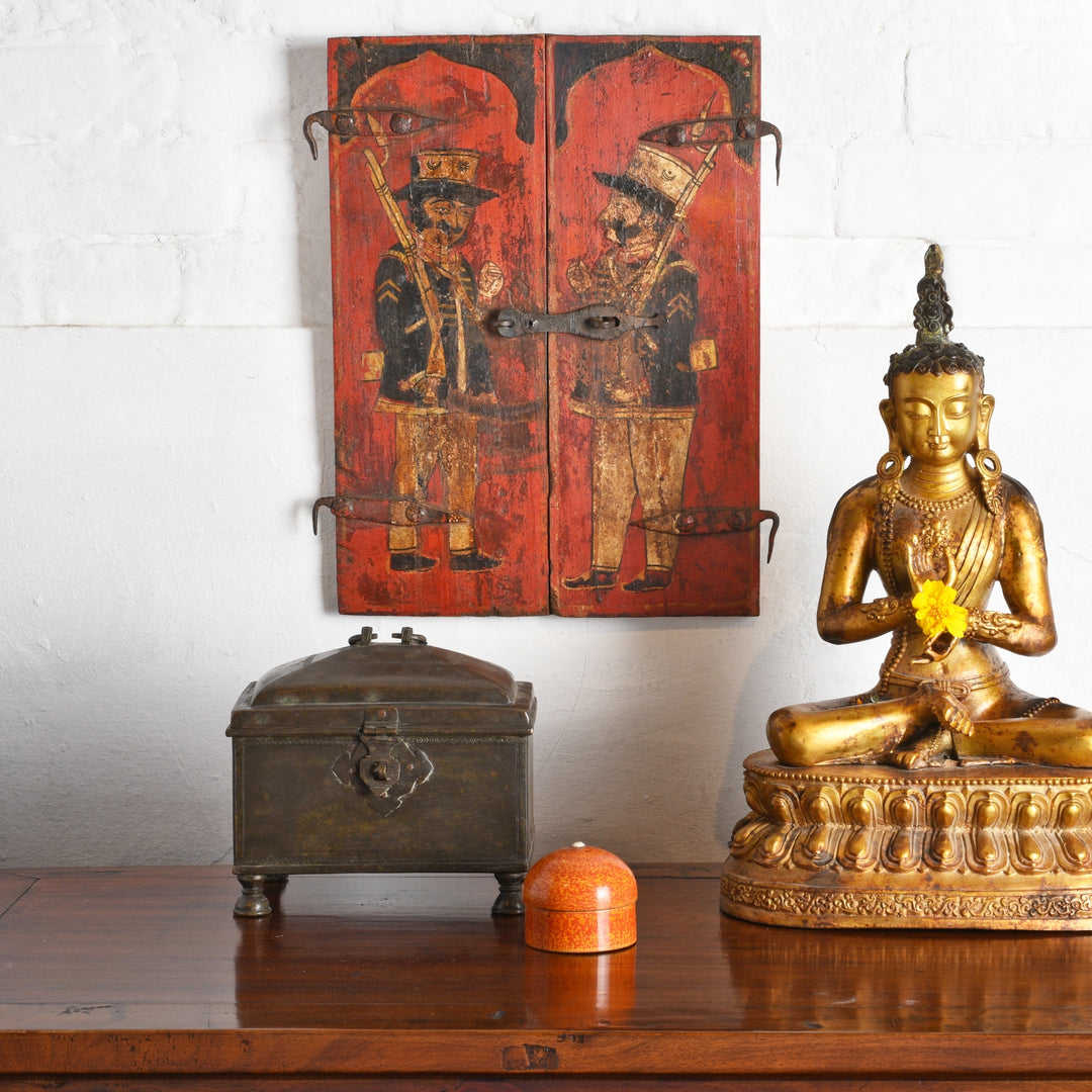 Antique Indian Dungapur Seapoy Window Shutters with a Rajasthani 18th century casket | Indigo Antiques