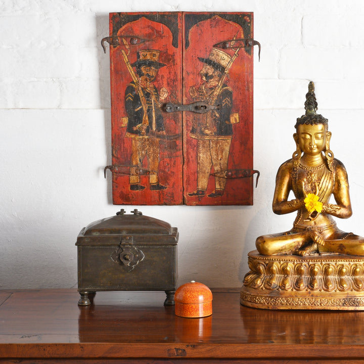 Antique Indian Dungapur Seapoy Window Shutters with a Rajasthani 18th century casket | Indigo Antiques