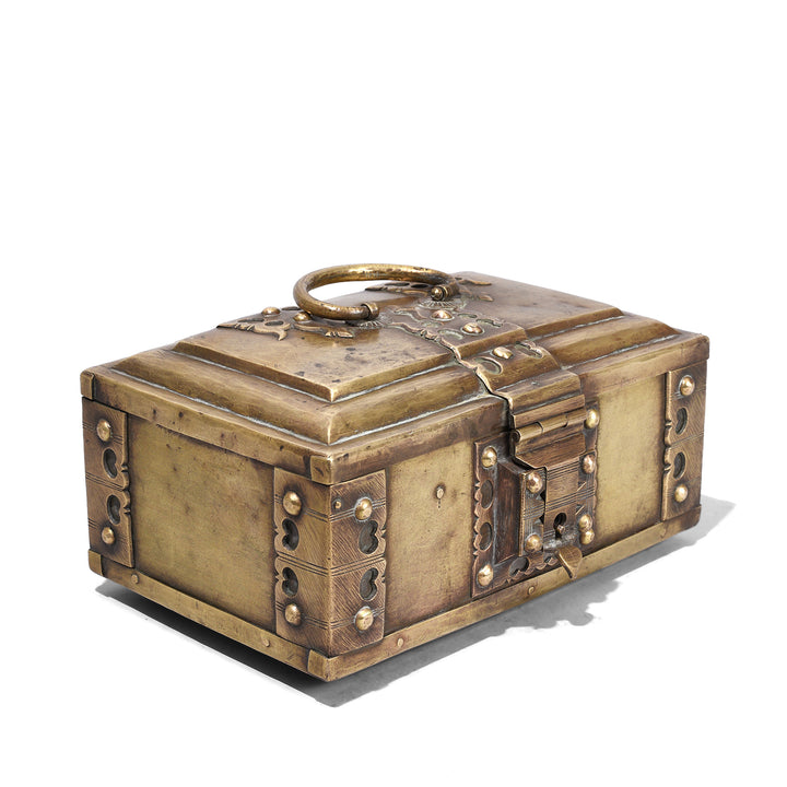 South Indian Nineteenth Century Brass Jewelry Box With Hinged Lid And Circular Handle