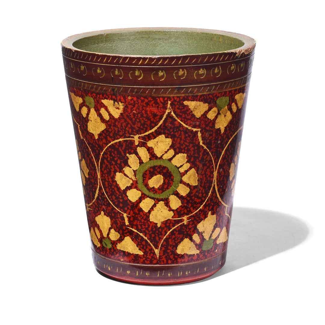 Spotted Lacquer Beaker From Barmer With Red Ground And Golden Floral Designs