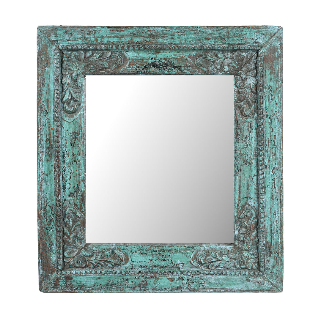 Square 19th Century Green Painted Teak Mirror With Hand Carved Floral Frame From India | Indigo Antiques