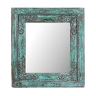 Green Painted Square Teak Mirror - 19th Century
