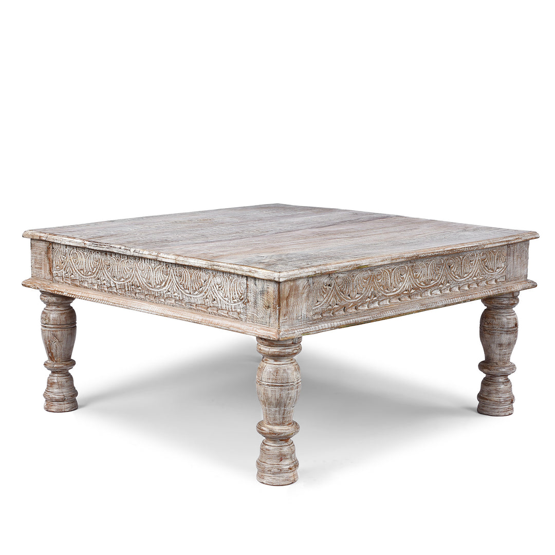 Angled View Of Square Reclaimed Teak Takhat From Rajasthan | Indigo Antiques