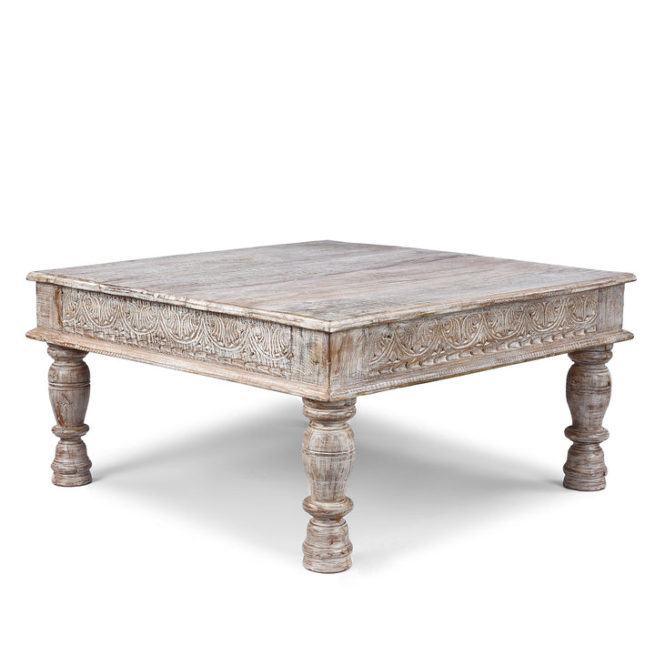 Angled View Of Square Reclaimed Teak Takhat From Rajasthan | Indigo Antiques