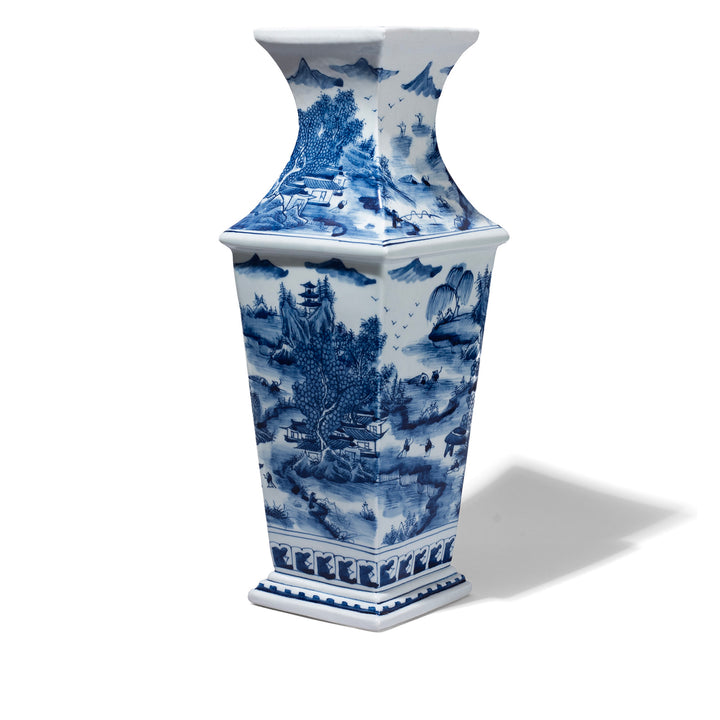 Blue And White Porcelain Squared Vase With Hand Painted Khangai Mountain Scenes In Kangxi Style