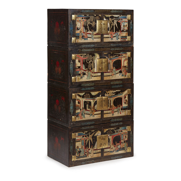 Black Lacquer Painted Low Cabinet On Stand From Shanxi - Early 20thC