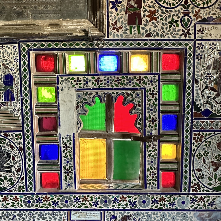 Aam Khas audience hall of the Juna Mahal in Dungarpur (built in the 18th century and stained glass added in the 19th century.)