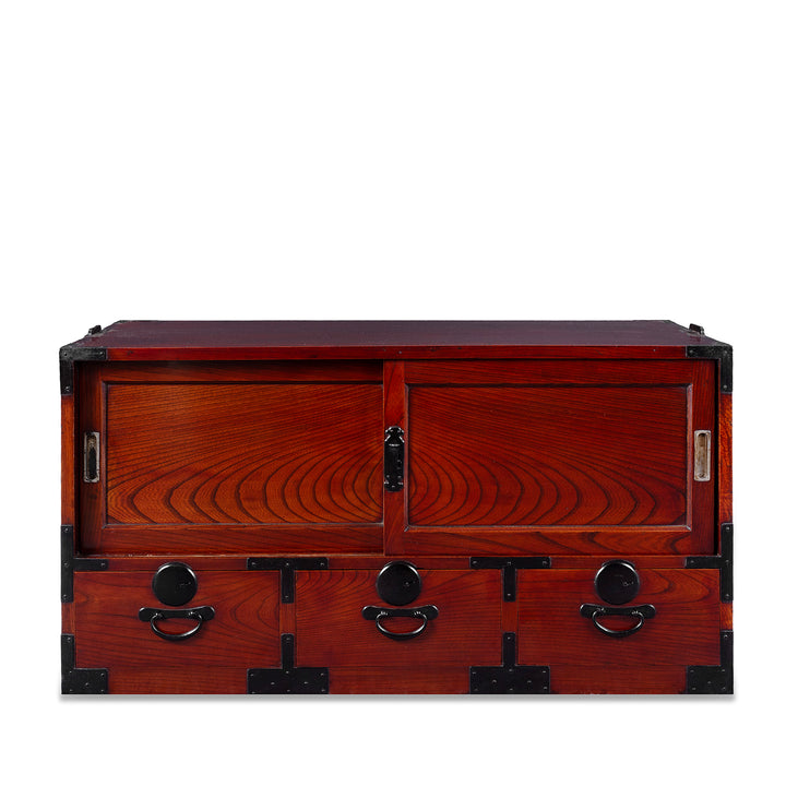 Taisho Period Japanese Kasane Dansu Top Section In Keyaki Wood With Bookmatched Grain And Black Iron Fittings