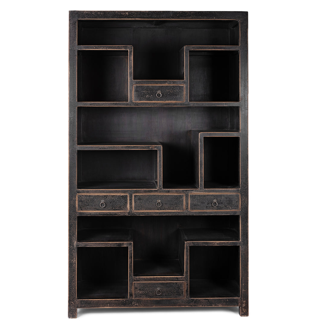 Tall Black Distressed Pine Shelf Unit With Geometric Open Compartments And Drawers