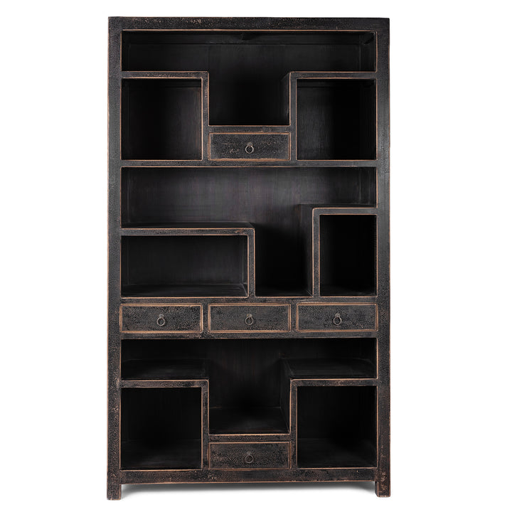 Tall Black Distressed Pine Shelf Unit With Geometric Open Compartments And Drawers