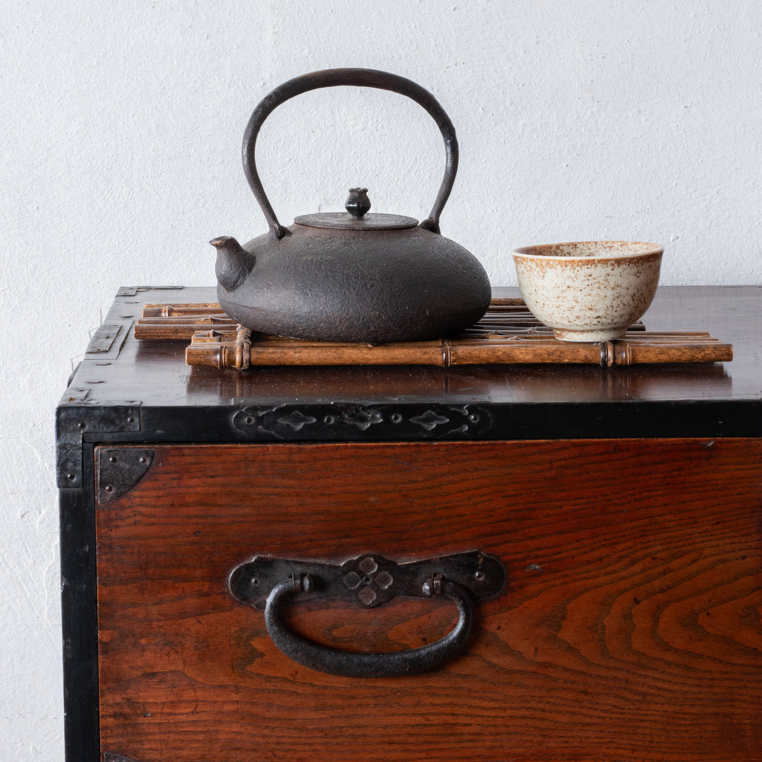 Edo Period Japanese Cast Iron Kettle with Bamboo Mats | Indigo Antiques