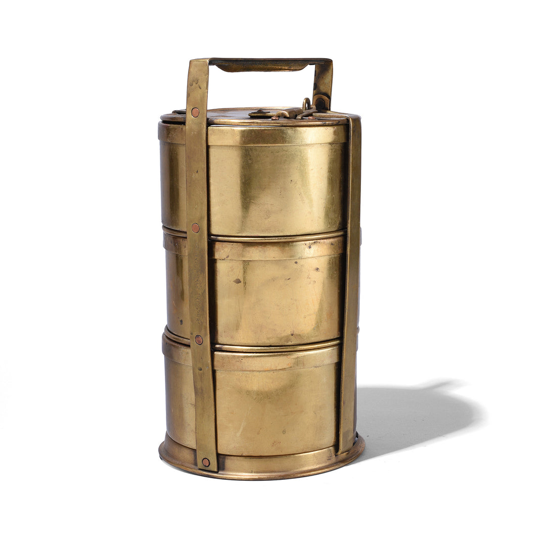 Three Tier Brass Indian Tiffin Box With Hinged Handle And Stacking Compartments
