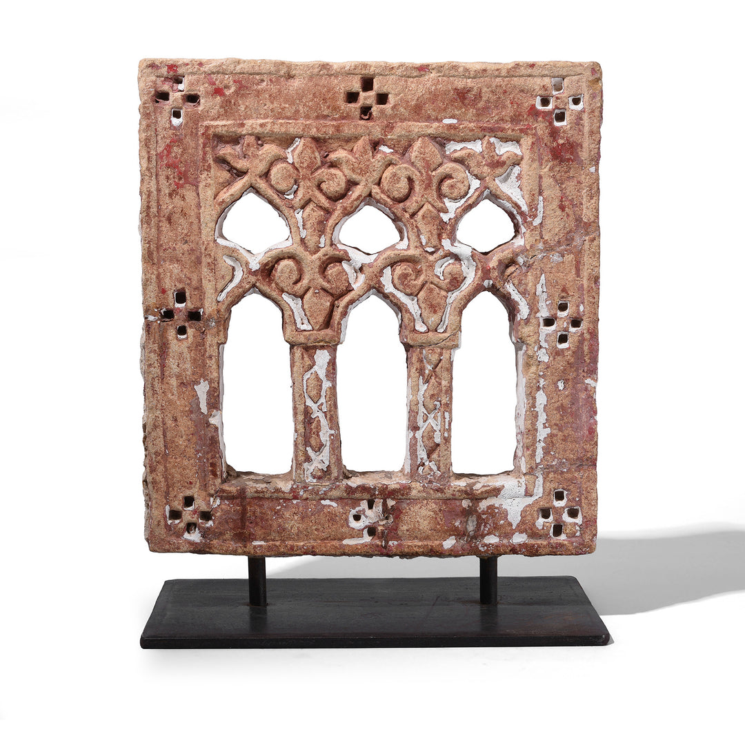 Three Way Hand Carved Sandstone Lamp Niche From Jaisalmer Rajasthan With Traces Of Pigment Mounted On Iron Stand