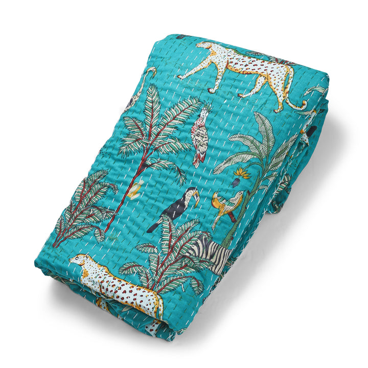 Dark Jade Green Jungle Print Cotton Kantha Throw  - Double bed Size | Indigo Antiques