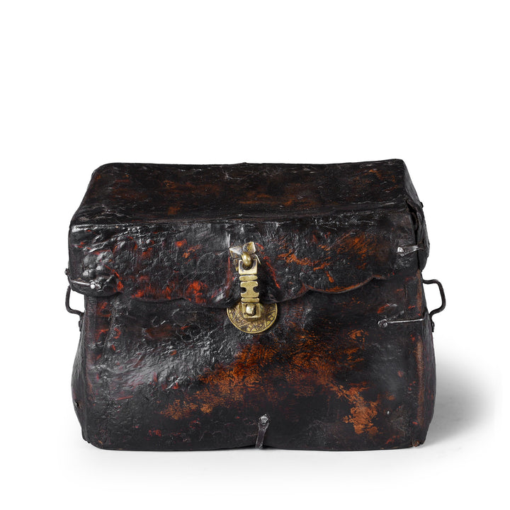 Tibetan Leather Saddle Box With Brass Script Clasp And Patinated Surface