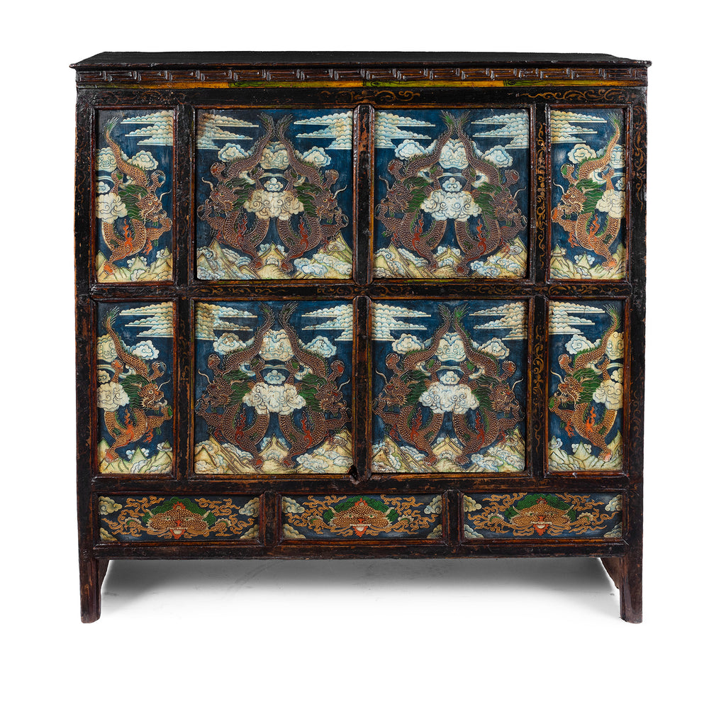 Tibetan Painted Altar Cabinet With Dragons And Clouds On Each Panel