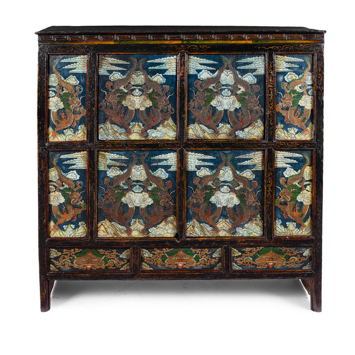 Tibetan Painted Altar Cabinet With Dragons And Clouds On Each Panel