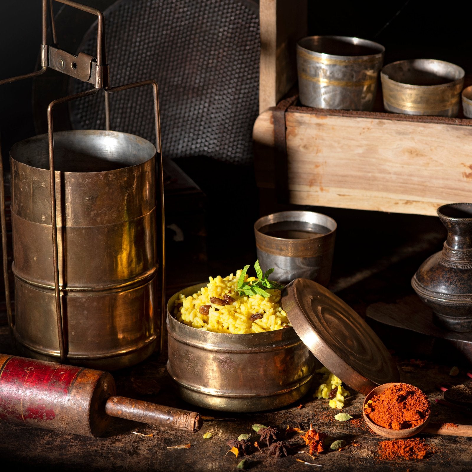 2 Tier Indian Vintage Brass Tiffin Box Set - Ca 1930
