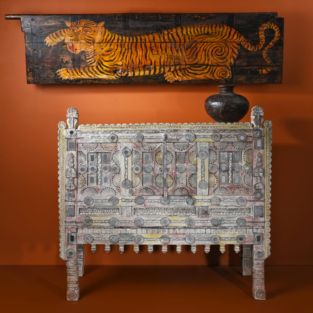 Vintage Indian Tiger Panel Art with an Indian Rubari Damachiya | Indigo Antiques
