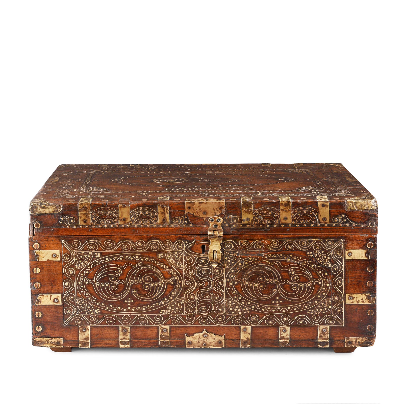 Brass Bound Teak Jewellery Box From Rajasthan - 19thC Brass Bound Teak Jewellery Box From Rajasthan - 19thC