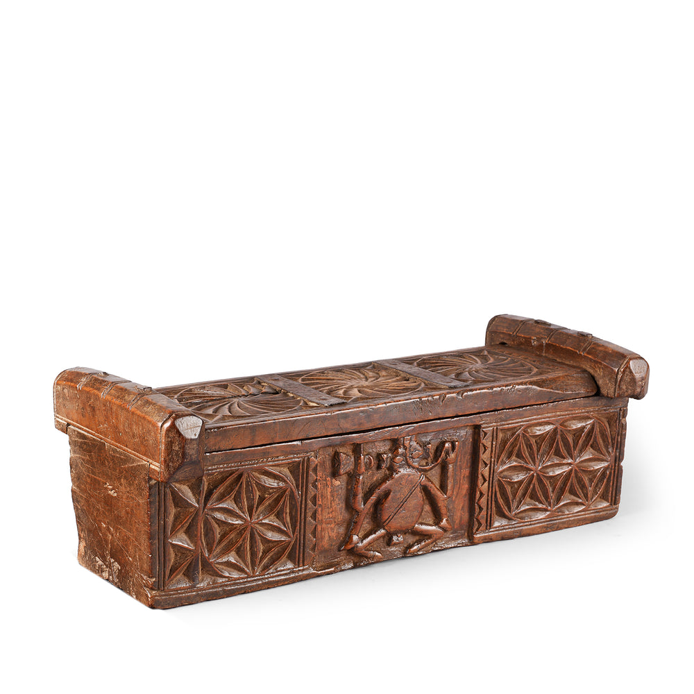 Angled VIew Of Antique Carved Teak Ganesh Harpa Box From Banswara | Indigo Antiques