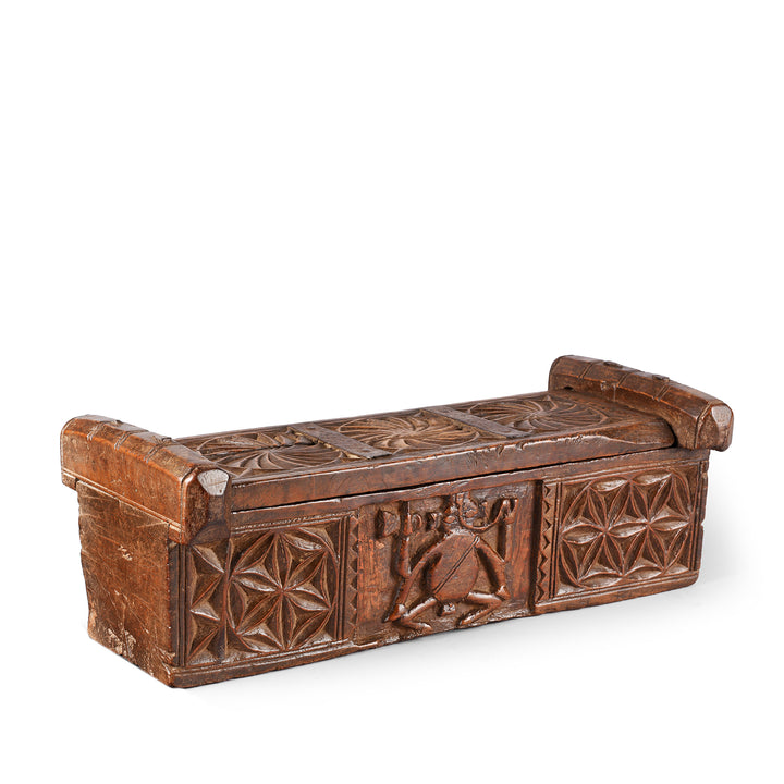 Angled VIew Of Antique Carved Teak Ganesh Harpa Box From Banswara | Indigo Antiques