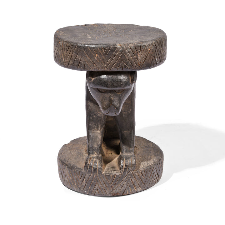 Front View Of Vintage Carved Santal Tribal Monkey Stool | Indigo Antiques