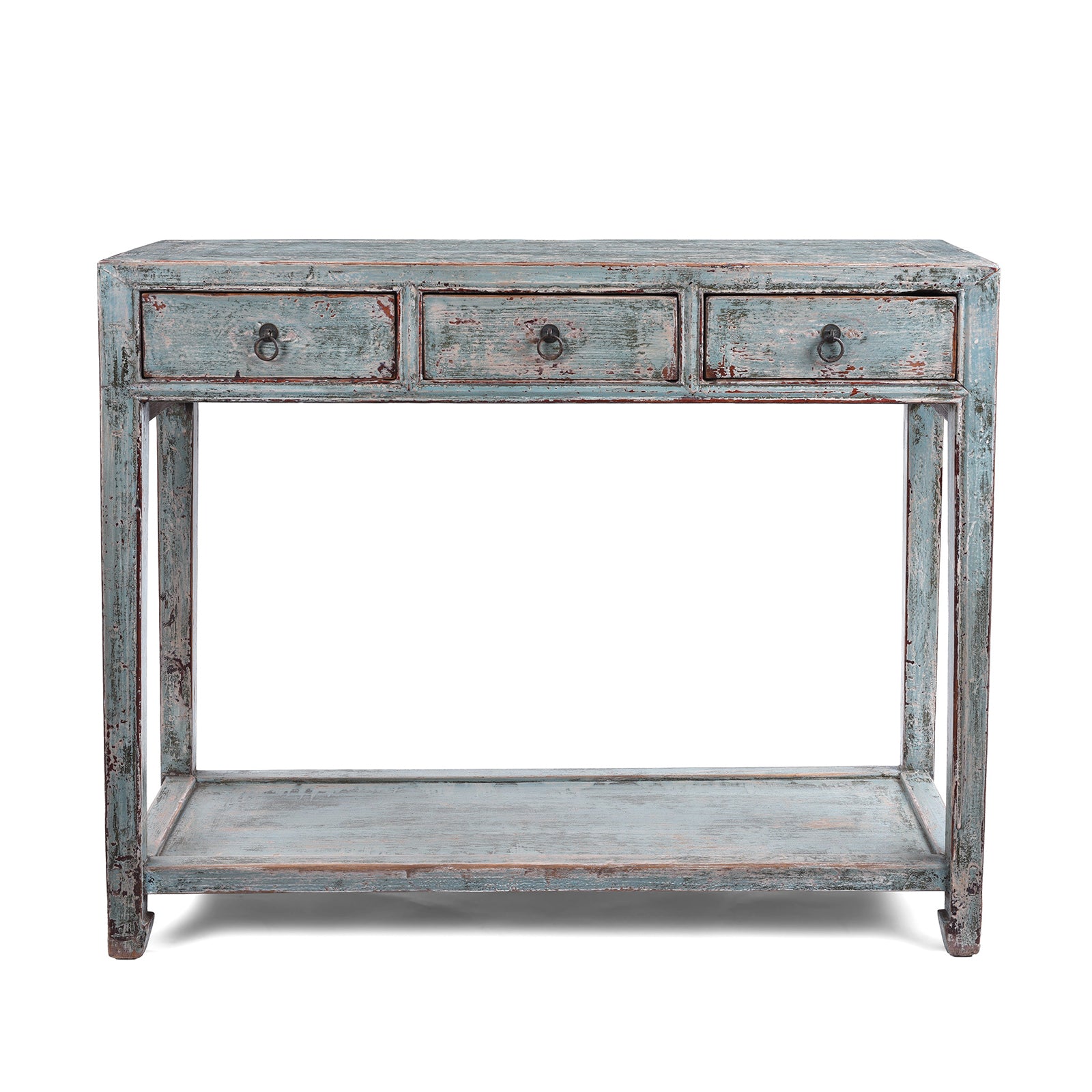 Turquoise Lacquer Console Table Top View Showing Distressed Painted Surface | Indigo Antiques