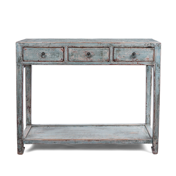 Turquoise Lacquer Console Table Top View Showing Distressed Painted Surface | Indigo Antiques