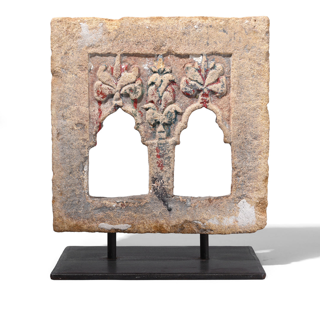 Two Way Stone Lamp Niche From Jaisalmer With Floral Carving And Traces Of Pigment 19th Century