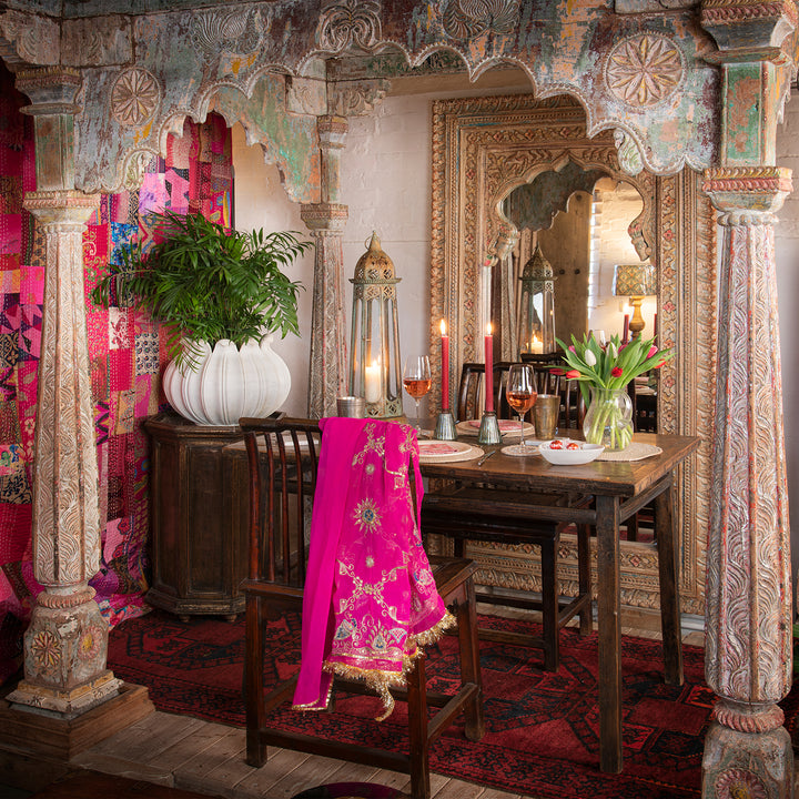 Angled View Of Antique Elm Kitchen Dining Table - One Piece Top | Indigo Antiques