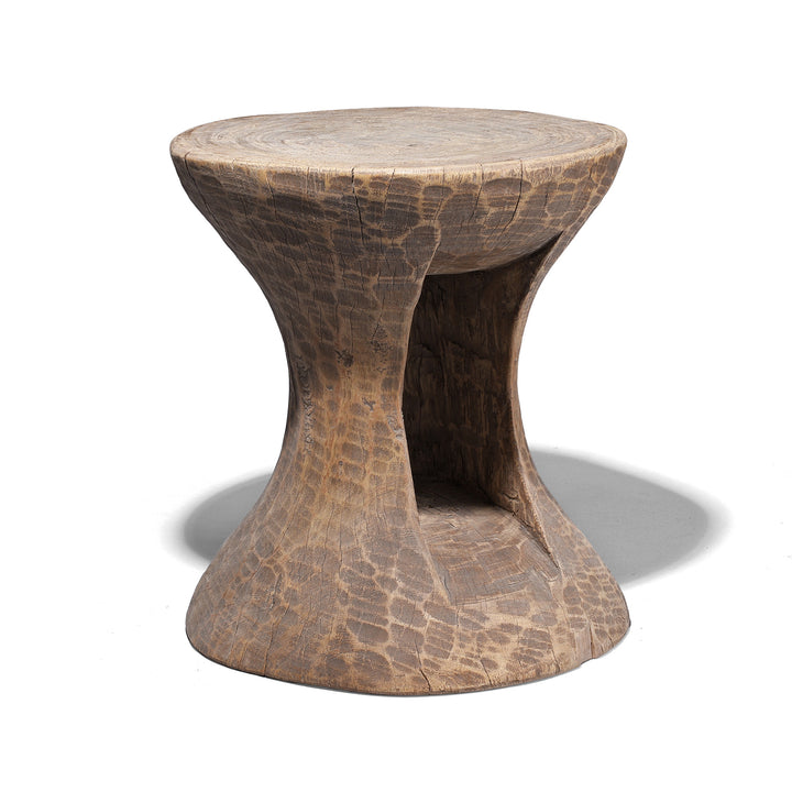 Vintage Bleached Himachal Hand Carved Wooden Stool With Adze Marks And Sculptural Form