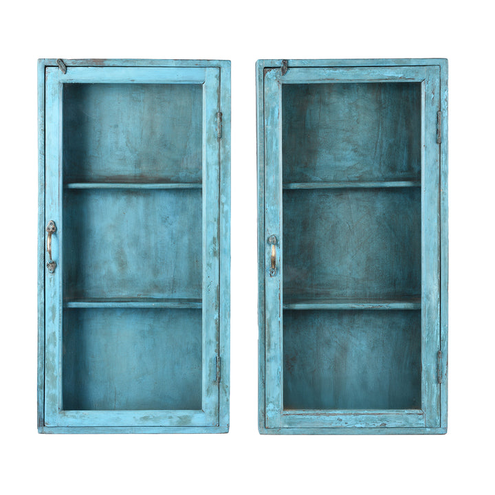 Vintage Blue Painted Indian Glazed Wall Cabinets | Indigo Antiques