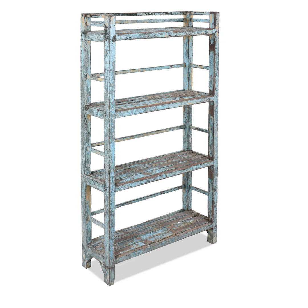 Angled View Of Vintage Blue Painted Indian Slatted Teak Shelf | Indigo Antiques