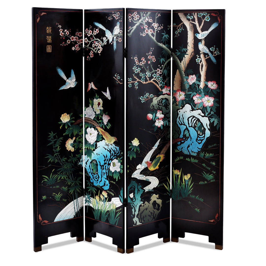 Vintage Chinese Lacquer Screen with Birds & Blossom | Indigo Antiques